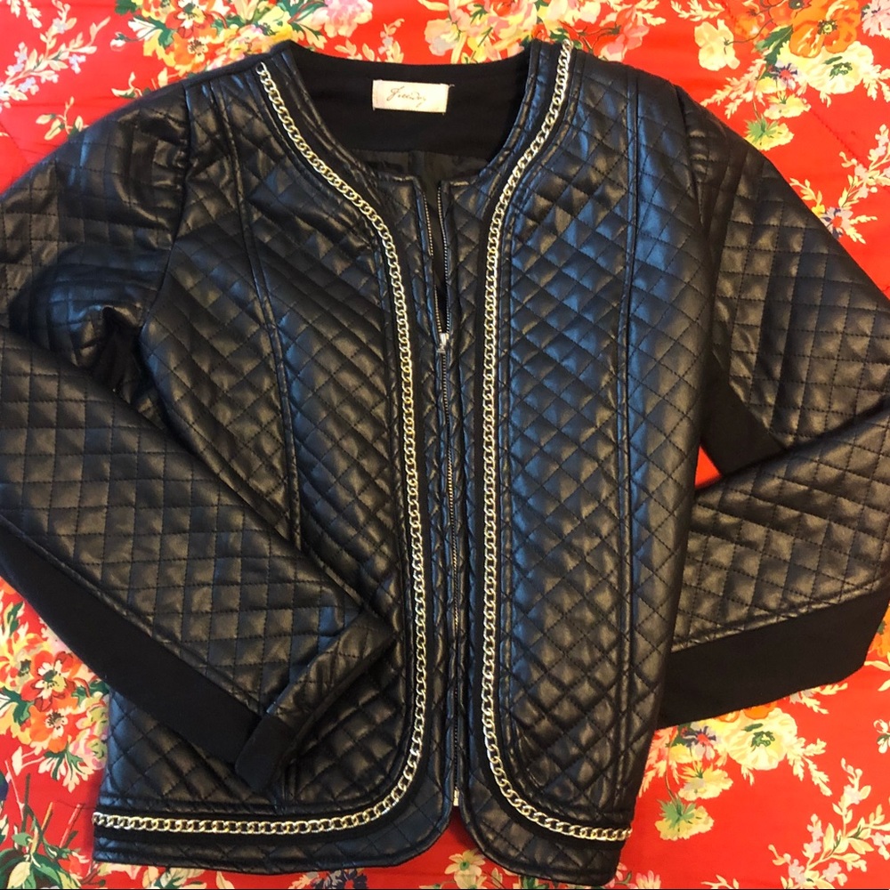 Faux leather jacket Chanel style quilt and chain